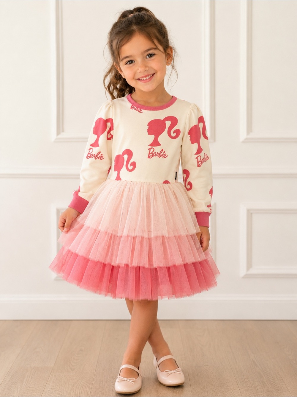 Barbie Cream and Pink Layered Tulle Dress with Logo Print